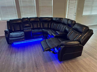 Luxury Black Reclining Sectional with LED Lights & Cup Holders