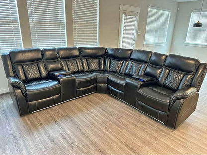 Luxury Black Reclining Sectional with LED Lights & Cup Holders