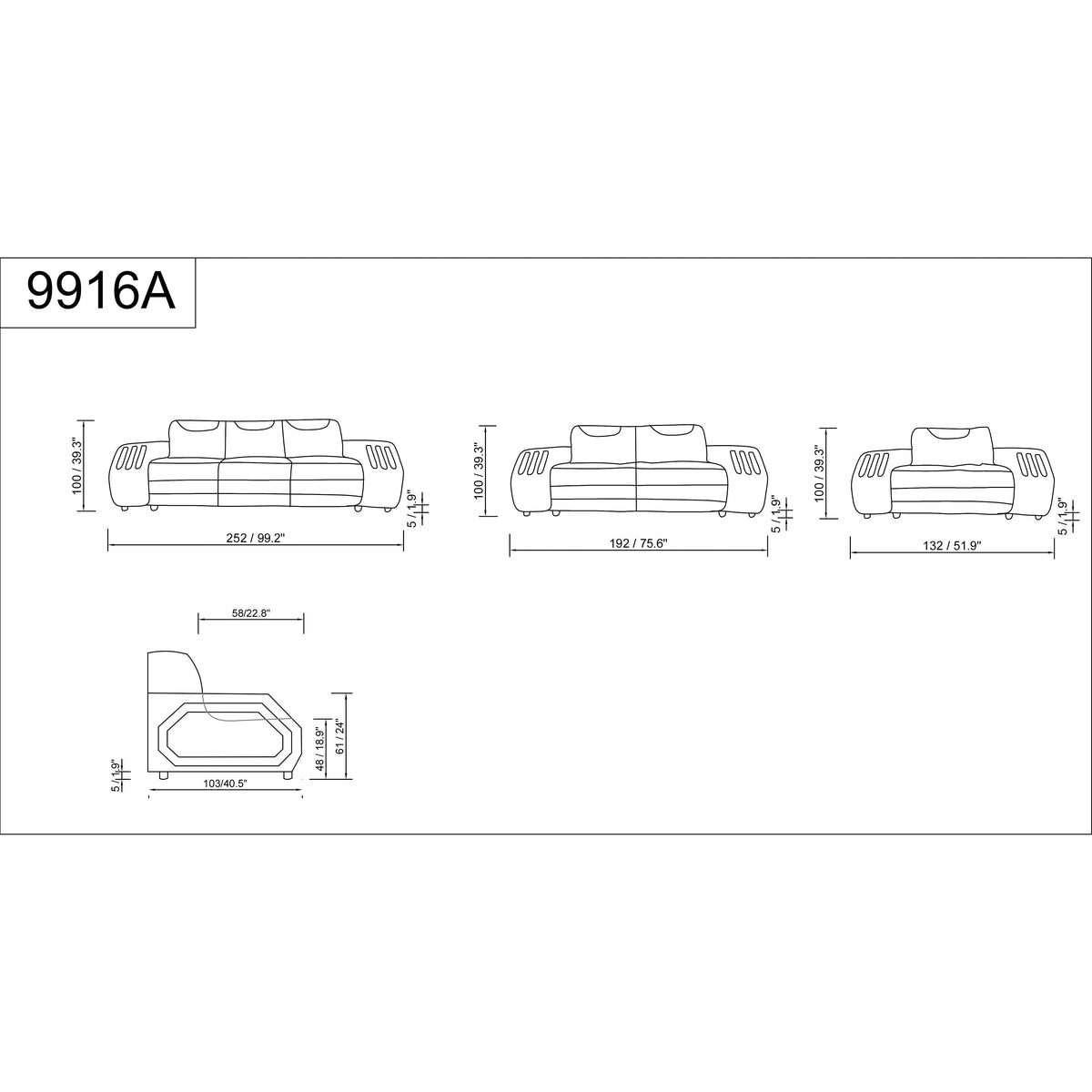 Matrix MI-9916A 3-Piece Living Room Set White and Black