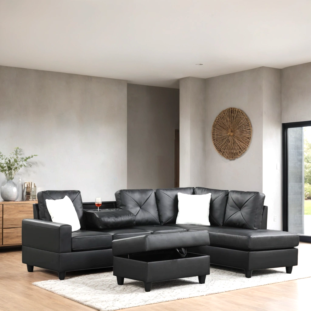Rocket Reversible Sectional Sofa Drop Down Table PU Black