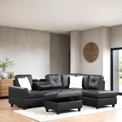 Rocket Reversible Sectional Sofa Drop Down Table PU Black