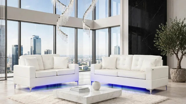Miami Sofa and Loveseat Set White