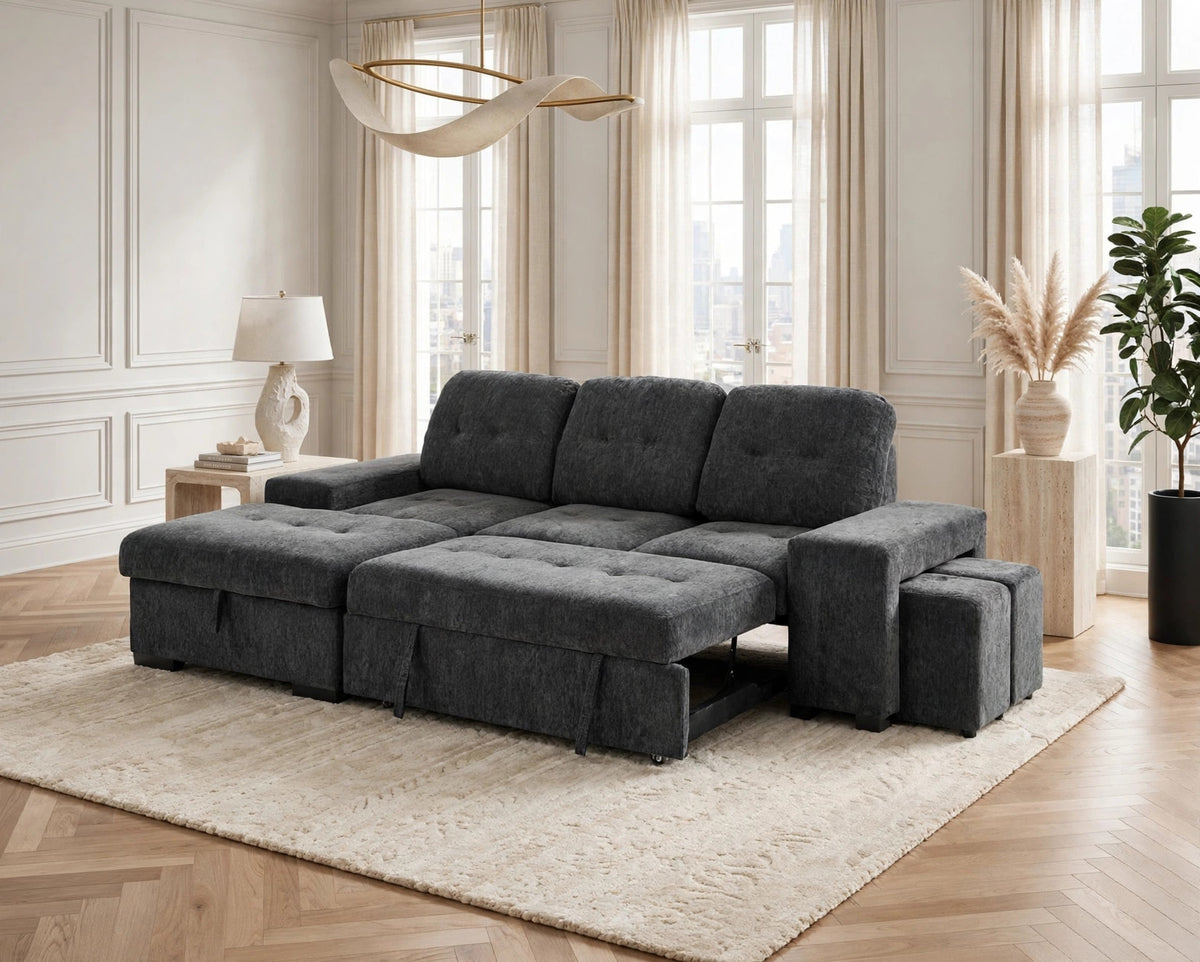 Kevin Stationary Sectional With Pull-Out Bed Grey