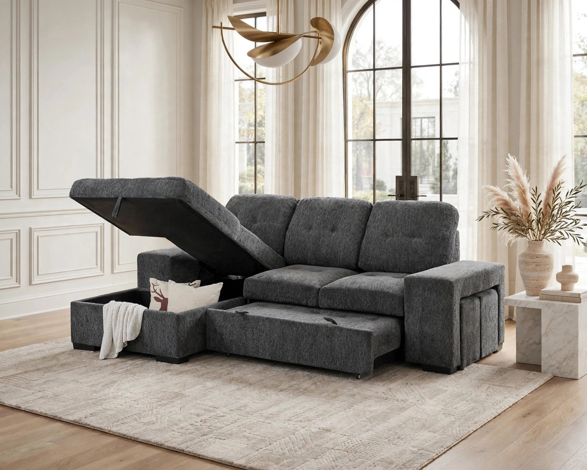 Kevin Stationary Sectional With Pull-Out Bed Grey