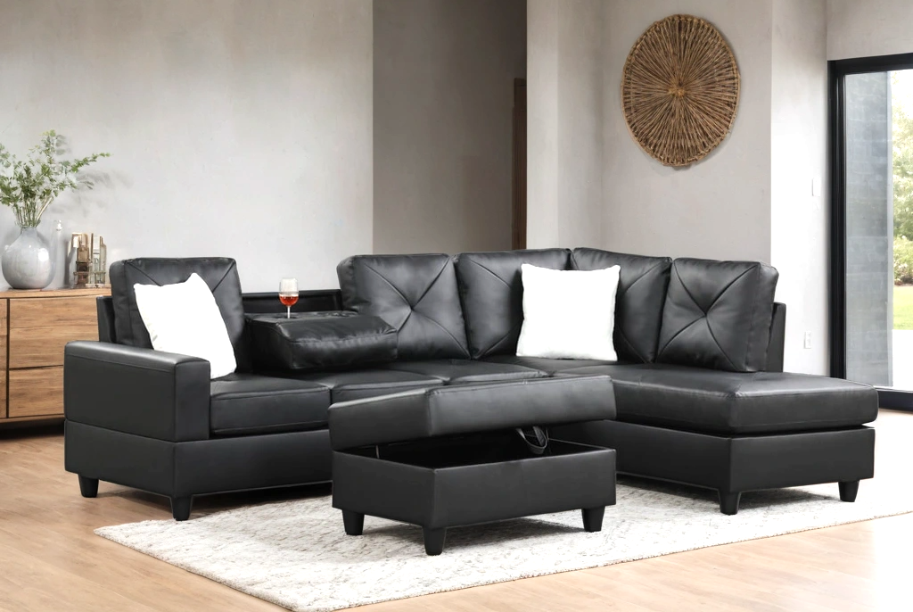 Rocket Reversible Sectional Sofa Drop Down Table PU Black
