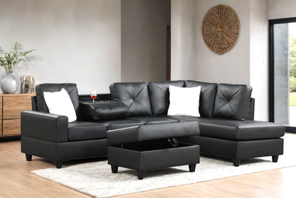 Rocket Reversible Sectional Sofa Drop Down Table PU Black