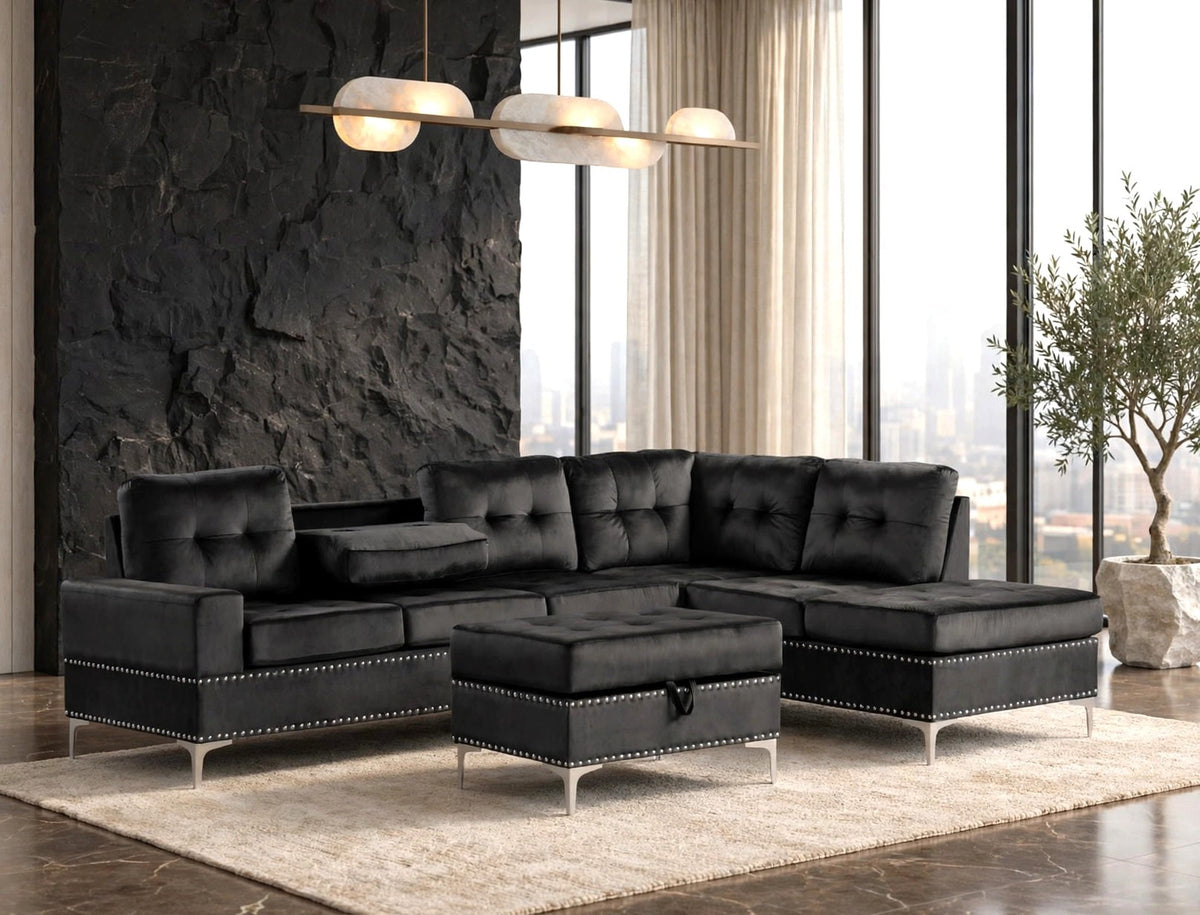 Anserra Reversible Sectional and Storage Ottoman Set Velvet Black
