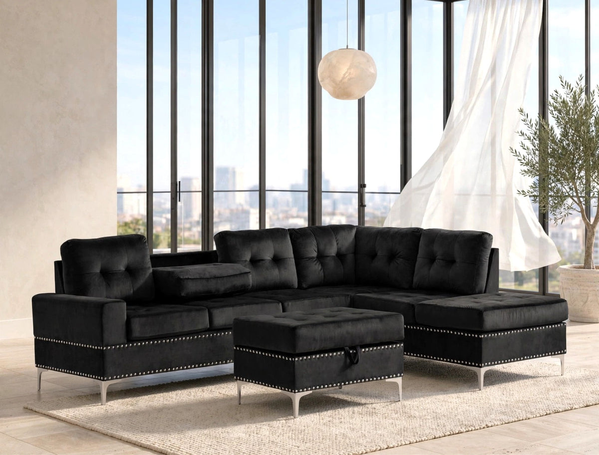 Anserra Reversible Sectional and Storage Ottoman Set Velvet Black