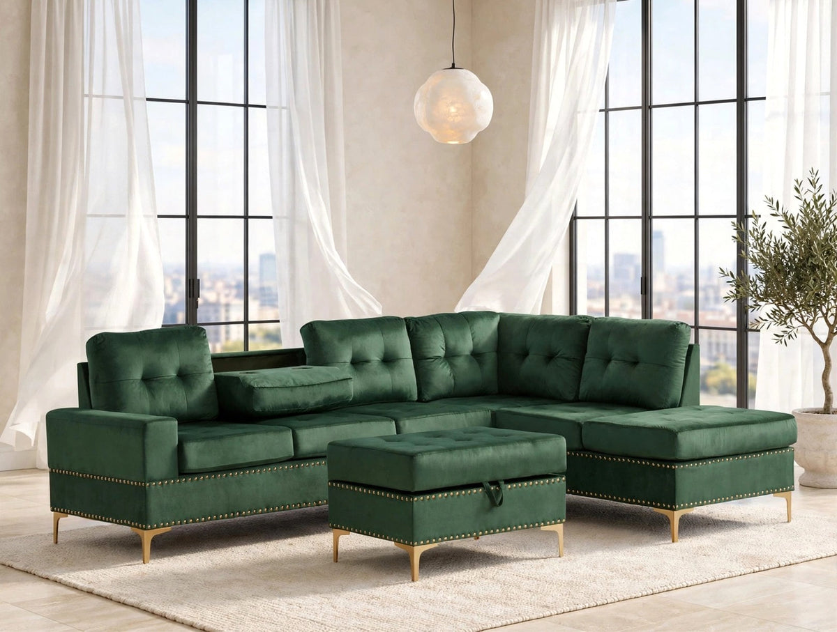 Anserra Reversible Sectional and Ottoman Set Green