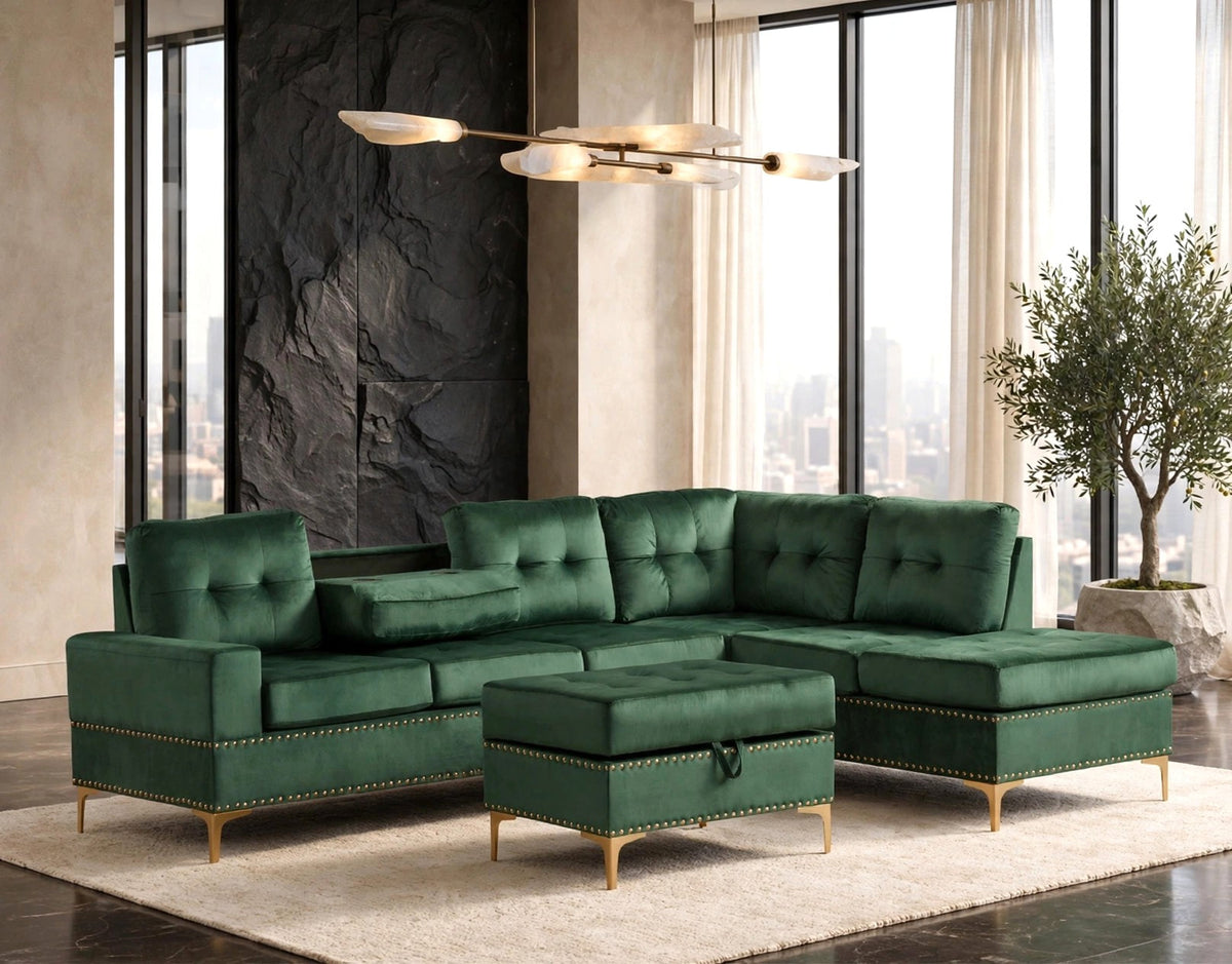 Anserra Reversible Sectional and Ottoman Set Green