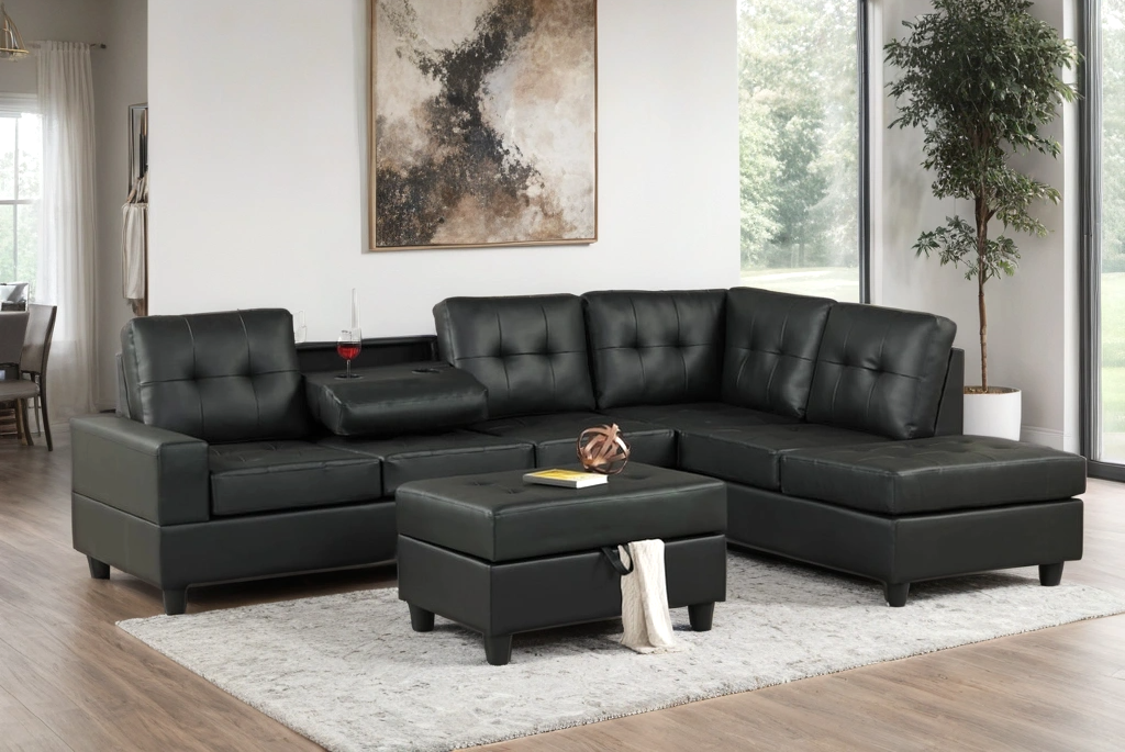Heights Reversible Sectional and Storage Ottoman Set PU Black