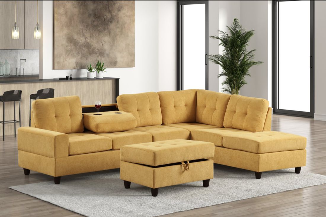 47Heights Reversible Sectional and Storage Ottoman Set Mustard