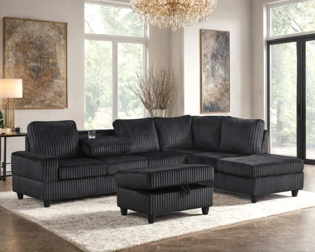 48Heights Reversible Sectional and Storage Ottoman Set Black