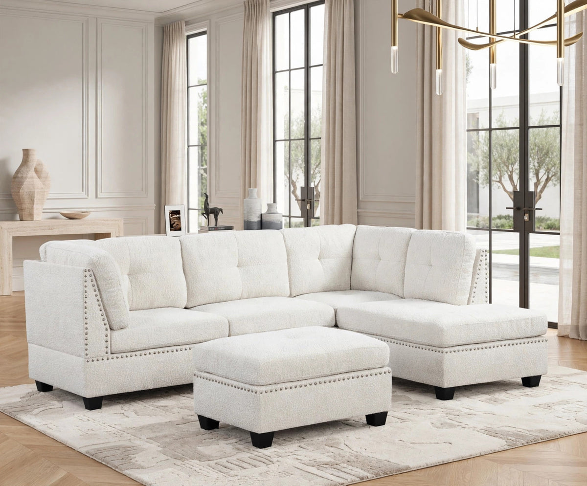 Sienna Stationary Sectional and Ottoman Set Boucle Sand