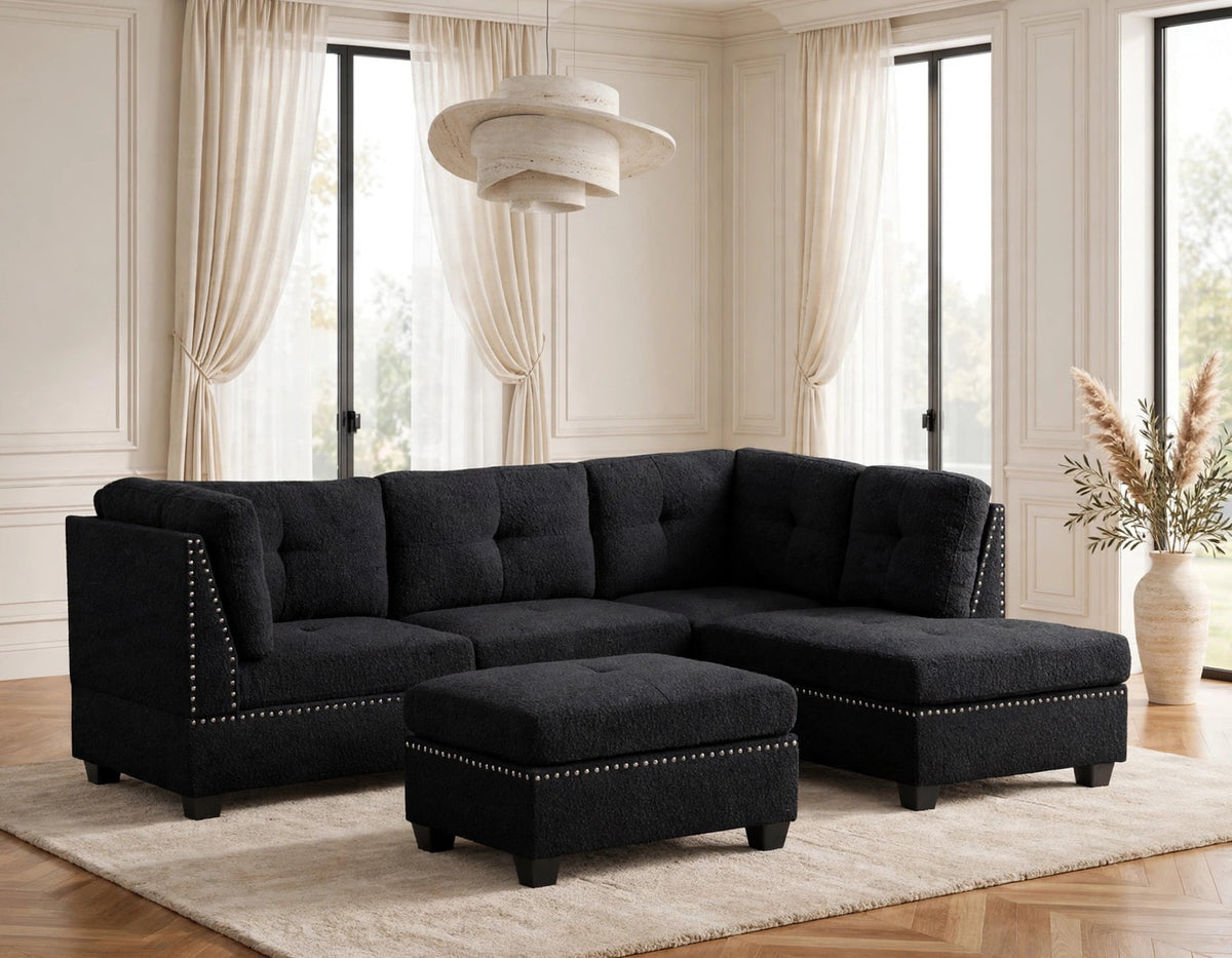 Sienna Boucle Sectional and Ottoman Set Black