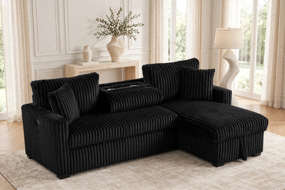 Aria Sectional Sofa With Bed and Storage Chaise Black