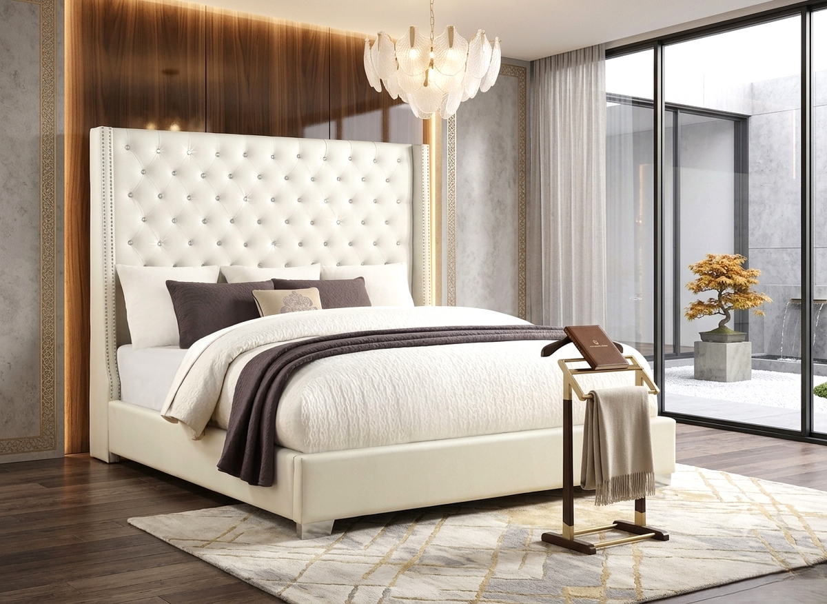 HH323 Diamond Tufted Upholstered Bed 1.8m Headboard Pearl White