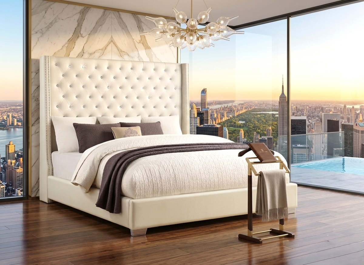 HH323 Diamond Tufted Upholstered Bed 1.8m Headboard Pearl White